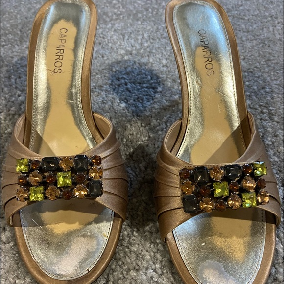 Caparros bronze silk high heel sandals with rhinestones size 8.5 Worn on… - Picture 1 of 13